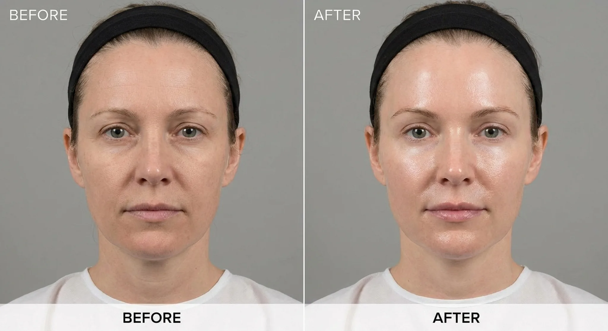 Sara before and after skin boosters and Botox frontal view at Alexis Aesthetics