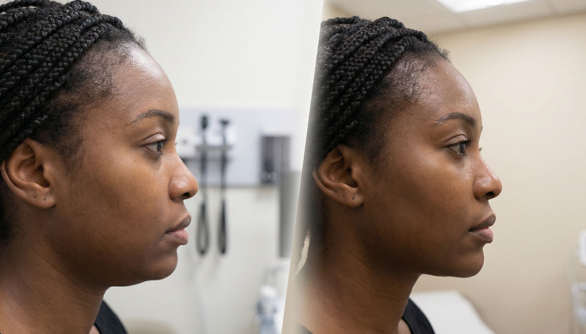 Profile view before and after showing jawline refinement