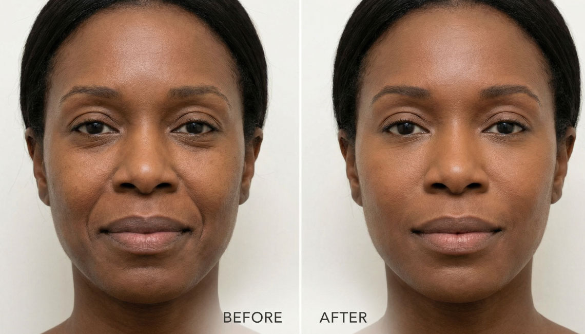 Under eye and midface before and after showing softer tiredness