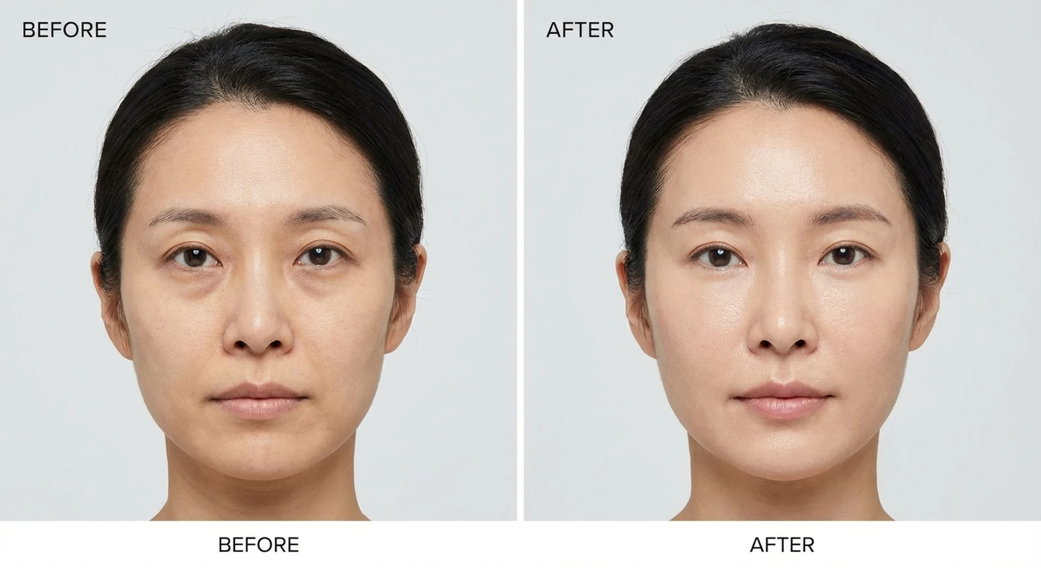 Natalie before and after dermal fillers and skin boosters for under eye and midface, Asian female case